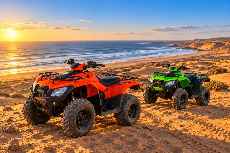 Orange and green quad bikes above coastal dunes and the Atlantic near Agadir