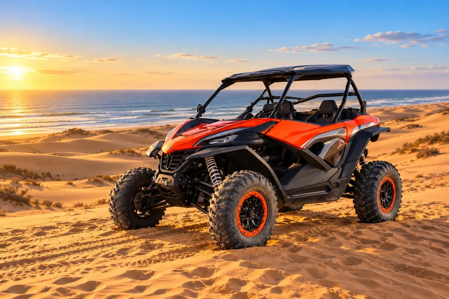 Orange sport dune buggy overlooking coastal dunes and the Atlantic near Agadir